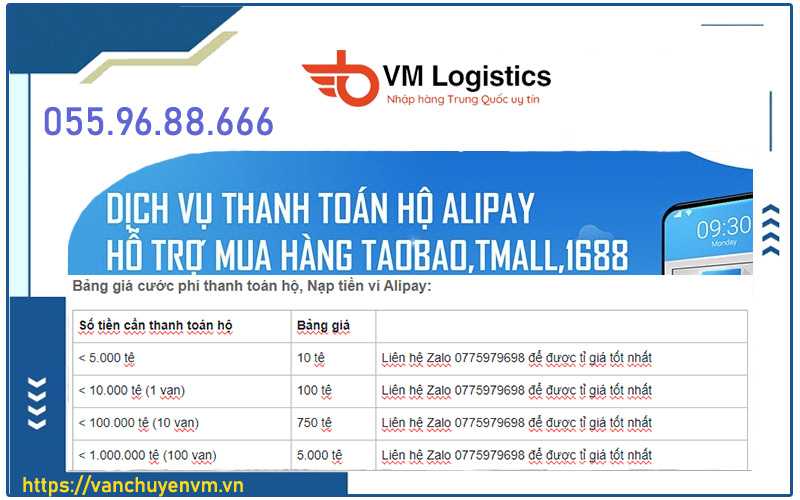 Bảng giá cước phí thanh toán hộ đơn hàng, Nạp tiền ví Alipay